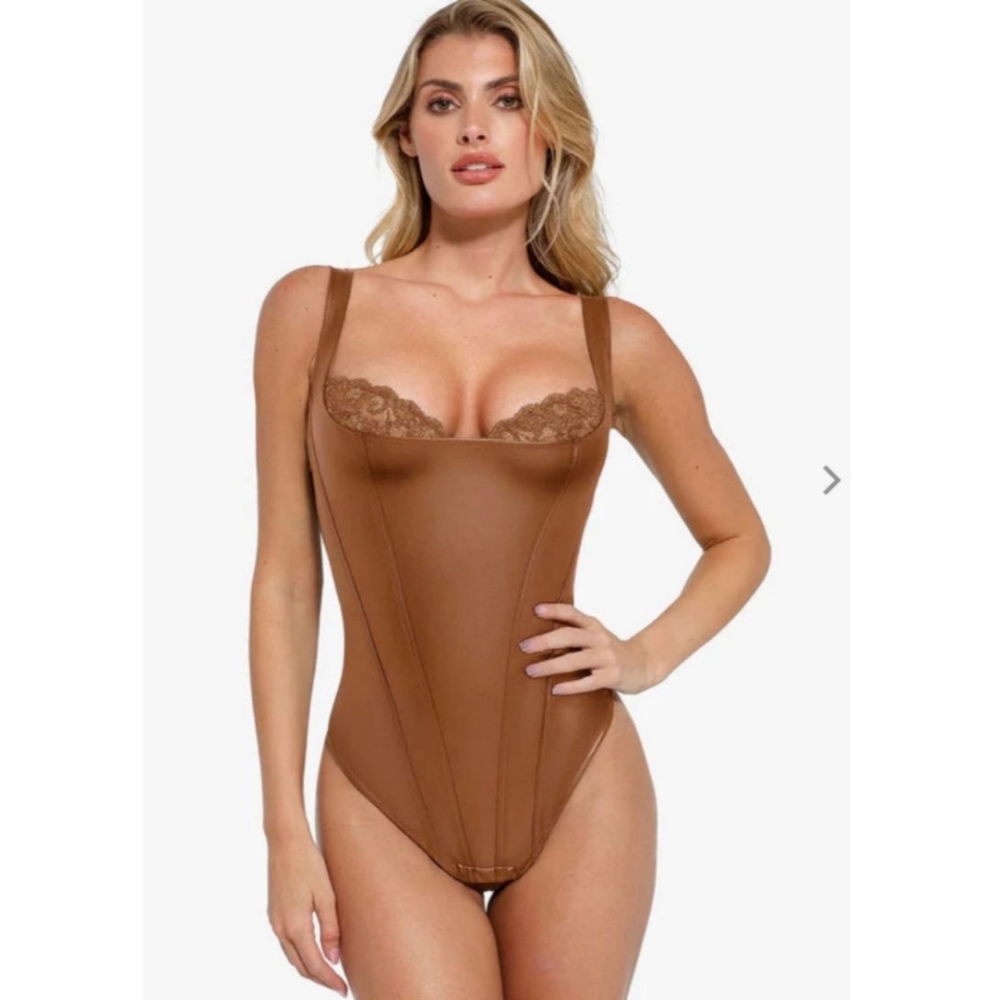 new Popilush Brown Bodysuit with Lace Faux Leather Bra Balconette Sculpting L